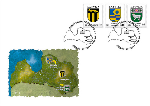 Lettland frimärken 20130111 FDC stads- och kommunvapen